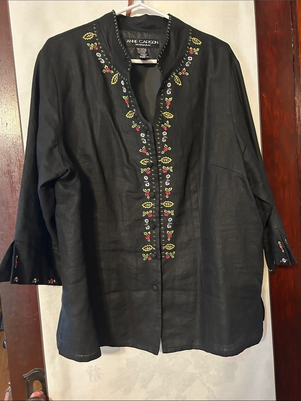 Anne Carson Black Open-Front Embroidered Jacket, 100% Linen, XL